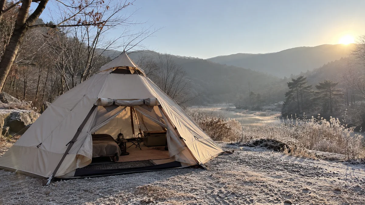 겨울 아침 캠핑장, 위아래 환기창이 열려 있는 텐트